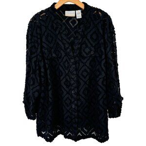 Alfred Dunner Women's semi Sheer Black Geometric Button-Down Blouse tunic Sz 18W